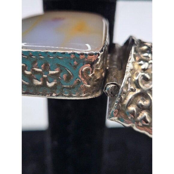 Vintage Chunky Tribal Engraved Silver Hinged Agate Cuff Bracelet Rare Incredible - Picture 2 of 12